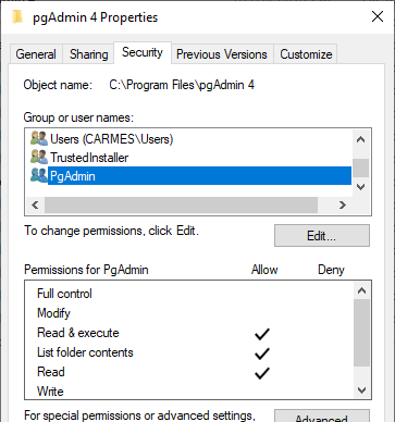 PgAdmin application pool rights