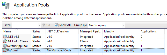 PgAdmin application pool